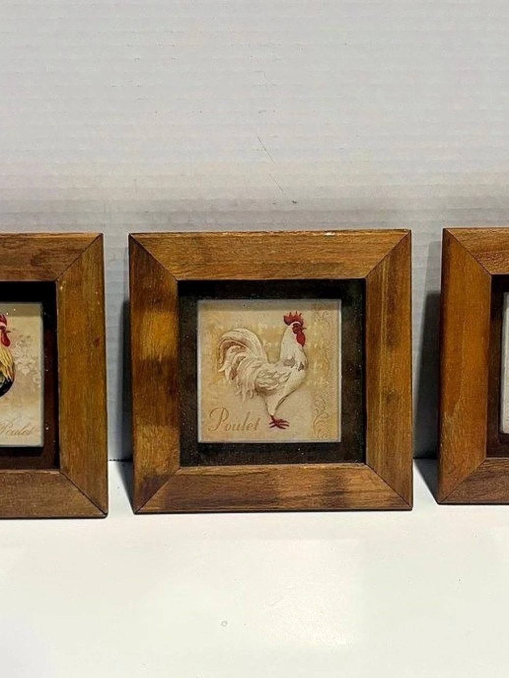 three vintage framed "Poulet" rooster tiles in rustic wooden frames 6”x6”